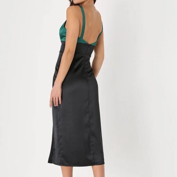 Lulus Modern Moments Green and Black Color Block Satin Midi Dress - Picture 3 of 11